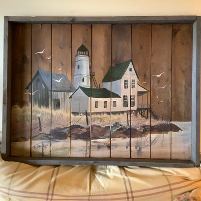 Lighthouse Seaside Home Painting On Wood Boards, Framed. Signed Lower Left T. Haverfield '75.