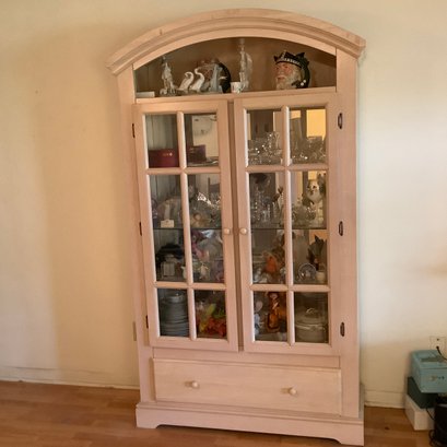 Curio China Cabinet, Whitewashed Light Wood, Glass Front Doors, Arch Top, Single Drawer, Glass Shelves