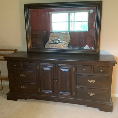 Pennsylvania House Dresser With Mirror, Mid Century, Dark Wood. 8 Drawers, 2 Center Doors.
