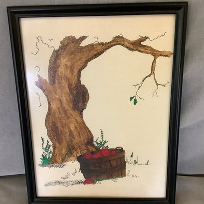 Original Watercolor And Ink Of Apple Tree And Basket, Signed Donna 1979