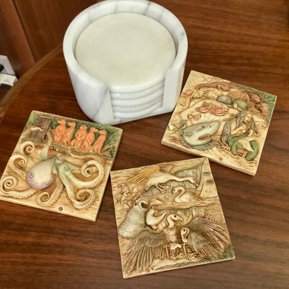 2 Sets Of Coasters, One White Marble  5 With Holder, 3 Picturesque Noah's Park