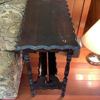 Scalloped Top End Table With Angled Book Shelf Underneath