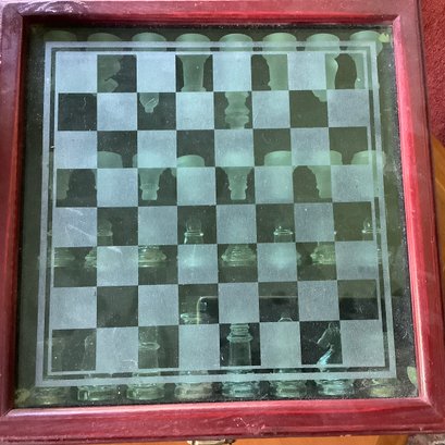 Complete Glass Chess Set With Wooden Case And Attached Glass Board/Lid