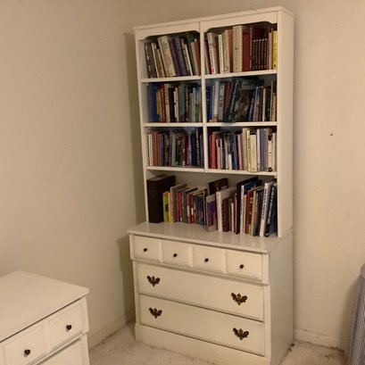 White Bookshelf 4 Shelves, 3 With Window Pane Divided Look, 3 Drawers With Step Back Lower 2.