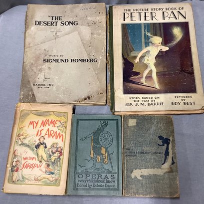 5 Old & Antique Books. Rare 1931 Peter Pan, Nancy Drew Mystery 1941, Music Book From 1927, 1911 Operas Book