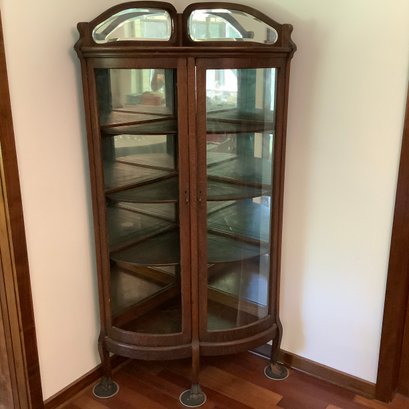 RARE Antique DOUBLE Bowed Corner Curio With Mirror Backing, Beveled Accent Mirrors, Paw Feet