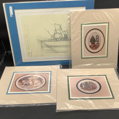 3 Signed Artwork Matted Without Frames By Ed Gifford Late 1980s, Winnie The Pooh Art Sketch