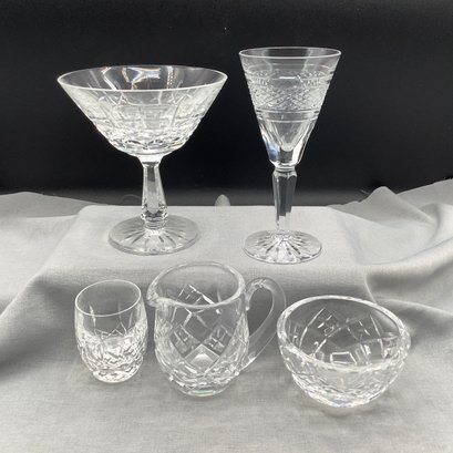 5Pieces Of Signed Waterford Crystal - Mini Ring Dish, Creamer, Shot Glass, Stemware