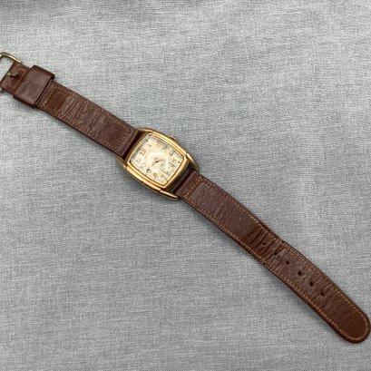 10K Gold Filled Watch, Leather Band Made By Hamiilton, Engraved On Back