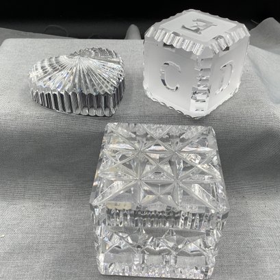 3 Signed Waterford Crystal Paperweights. Heart And ABC Block, And Cut Crystal Square Signed And Labeled