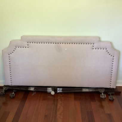 Full Size Upholstered Grey Linen. Headboard With Upholstery Tack Design, Frame. - No Mattress