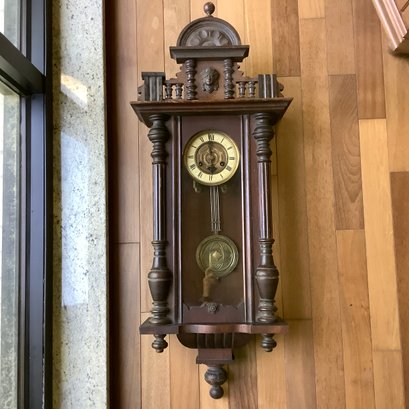 Antique Early 1900s German Pendulum Wall Clock With Ornate Victorian Carvings