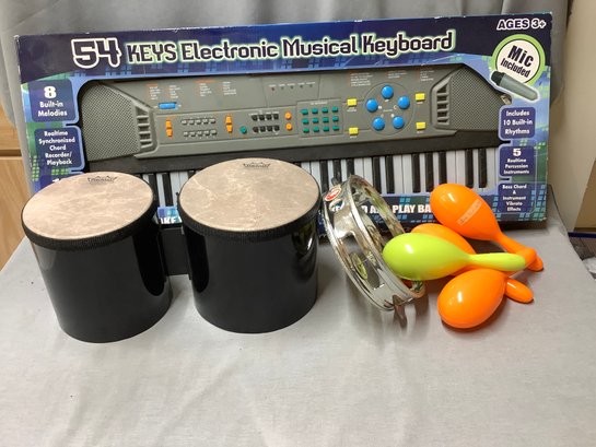 Electronic Musical Keyboard Still In Box, Tambourine, 4 Maracas, Remo Bongo Drums