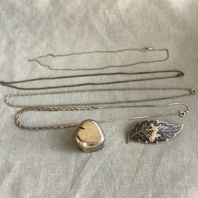 4 Sterling Silver Necklaces, Sterling Silver Heart Pill Box And Engraved Sterling Silver Siam Pin