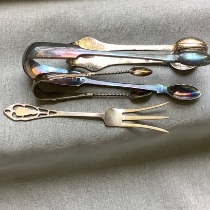 Antique Sterling Silver Serving Pieces: Manchester Silver Co Pierced Handle Lemon Fork, 3 Sugar Cube Tongs