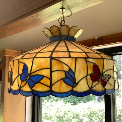 Stained Glass Hanging Lamp With Chain, Handmade By Artist In Family, Featuring Colorful Butterflies