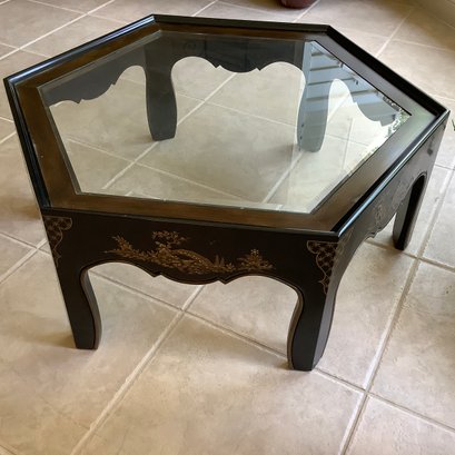 Hexagon Oriental Coffee Table With Embellished Three Dimensional Details, Glass Top, Lacquered Finish