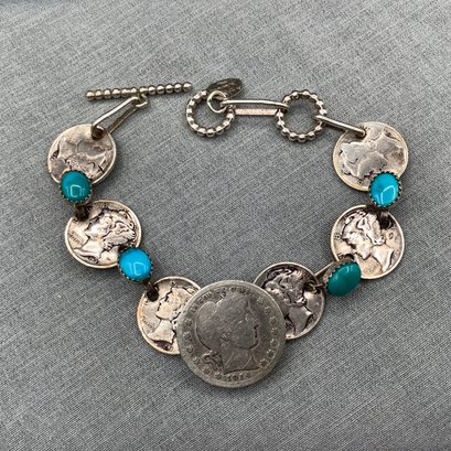 Betty Yellowhorse Navajo Silver Mercury Dime (6) , 4 Turquoise Cabochons, 1914 Barber Quarter Dollar Bracelet