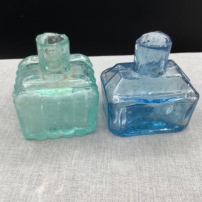 Antique Ink Wells, Aqua And Blue, Amazing Shapes And Glass