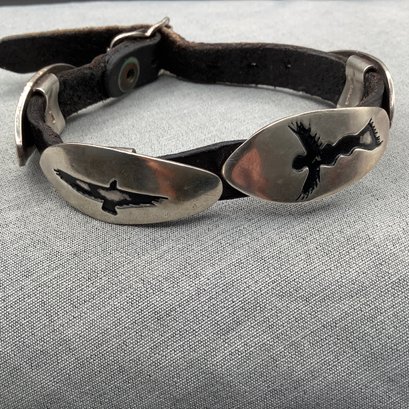 Unique Leather Bracelet With Native American Symbolic Sterling Silver Slide Charms