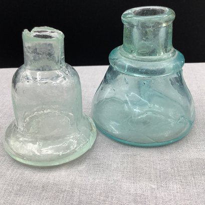 Antique Ink Wells, Bixby Aqua Glass, Clear Bell