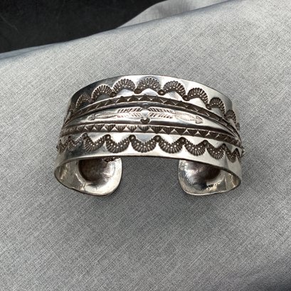Wide Artisan Made Silver Cuff Bracelet Embossed With Rising Sun And Feathered Arrows