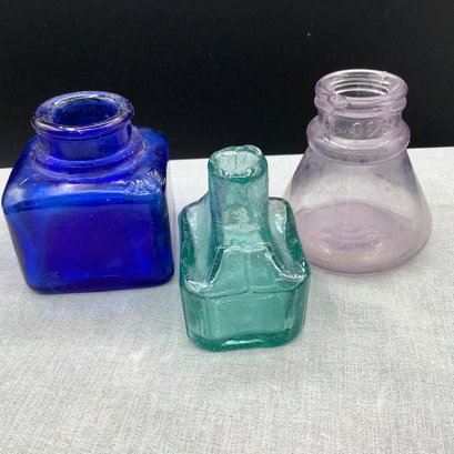 3 Antique Ink Bottles, One Late 1800s Manganese, One Cobalt, One Aqua Green