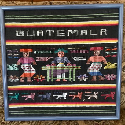 Guatemala Needlepoint Art Framed, Blue Frame