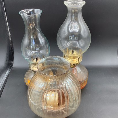 2 Oil Lamps - Lamplight Farms -one Hobnail Glass And One Teak Wood Candle Holder With Fairy Chimney