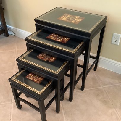 Antique Set Of 4 Lacquered Nesting Tables, Greek Key Perimeter And Carvings On Top Under Glass