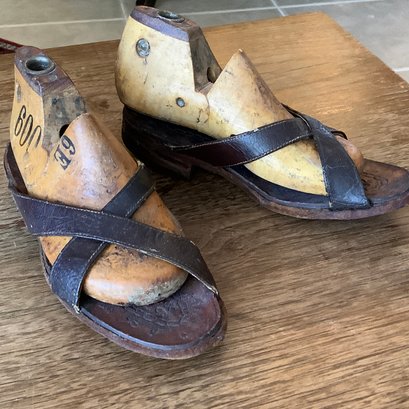 Pair Of Antique Leather Sandals, Labeled And Includes Antique Cobbler Shoe Forms