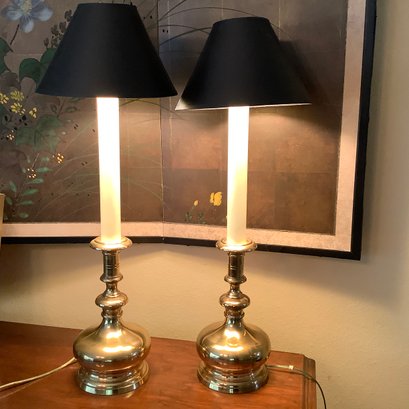 Pair Of Brass Candlestick Lamps With Bulbous Base, Black Shade W/ Gold Interior
