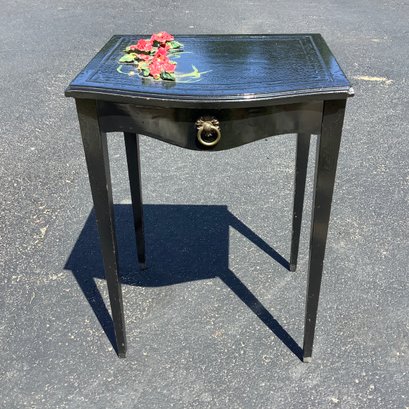 Genuuine Labeled Mahogany Table, Black Laquer Painted With Applied Flower Design