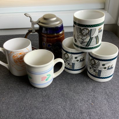 6 Mugs, 3 Matching By Linyi, 2 Floral Stoneware One Corelle