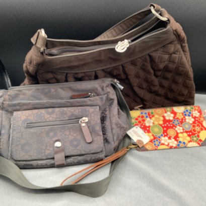 2 Purses And A Vaan & Co New With Tag Attached Wristlet, Vera Bradley Brown Quilted, Brown Nylon Purse