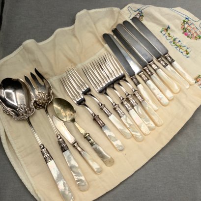 Antique 16 Piece Sterling Silver And Mother Of Pearl Silverware Set