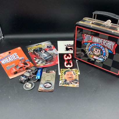 NASCAR 50th Anniversary Lunch Box, Dale Earnhardt Cards, Stickers, Flashlight, Keyring, Wheaties LE Car