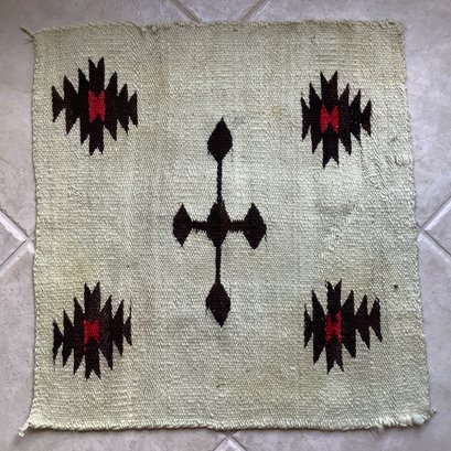 Handwoven Navajo Rug, Wool Construction, White Field With Stepped Medallions In Bands Of Black And Red