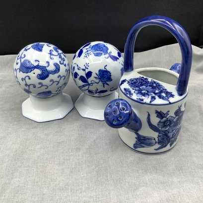5 Piece Set Of Blue And White Spheres On Stands, Decorator Watering Can