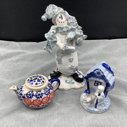 Snowman With Tree, Red White And Blue Tea Pot Ornament Or Haning Decor, Blue And White Manger Scene