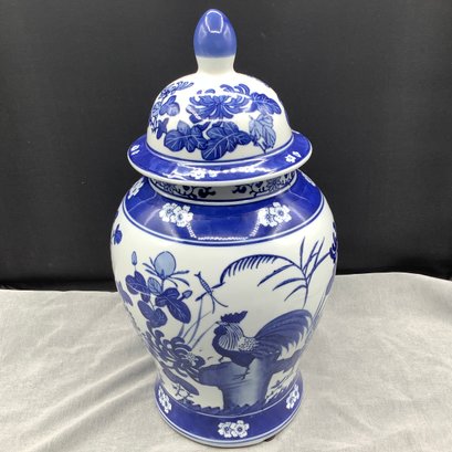 14 Inch Tall Ginger Jar, Blue And White Porcelain