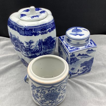 2 Blue And White Chinese Lidded Jars, One Open Canister