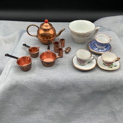 Dollhouse Miniatures, Copper Pots And Tea Set And Porcelain Mini Tea Cups