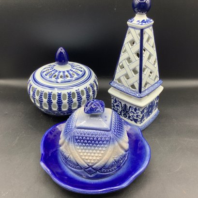 Blue And White Reticulated Pillar Candle Holder, Pierced Covered Dish And Covered Dish
