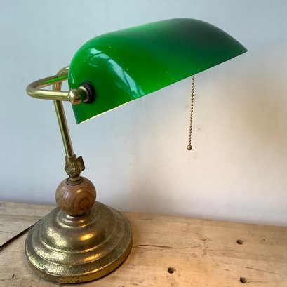 Bankers Desk Lamp, Green Glass Shade, Wood And Metal Base