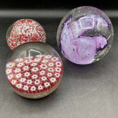 3 Art Glass Paperweights- Millefiori And Controlled Bubbles