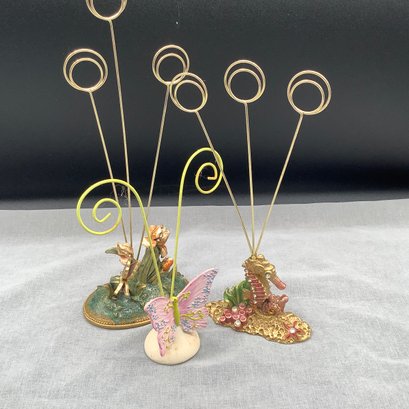 3 Photograph Holders- Enameled And Jeweled Seahorse, Enameled Butterfly And Flower And Pink Butterfly