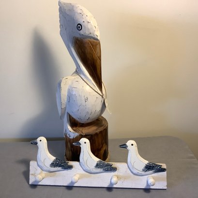 Wood Pelican On Pier With Rope Accents And Coat/Key/Leash Shorebird Hook Wall Hanging.