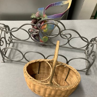 Wicker Wine Basket Tote, 4 Wine Bottle Rack And Single Basket Bottle Holder With Faux Fruit And Rainbow Ribbon