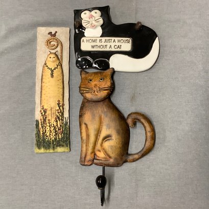 Whimsical Folk Art Cat Wall Hanging By E Smithson, Ceramic By Smoky Mountain Pottery & Metal Hangar